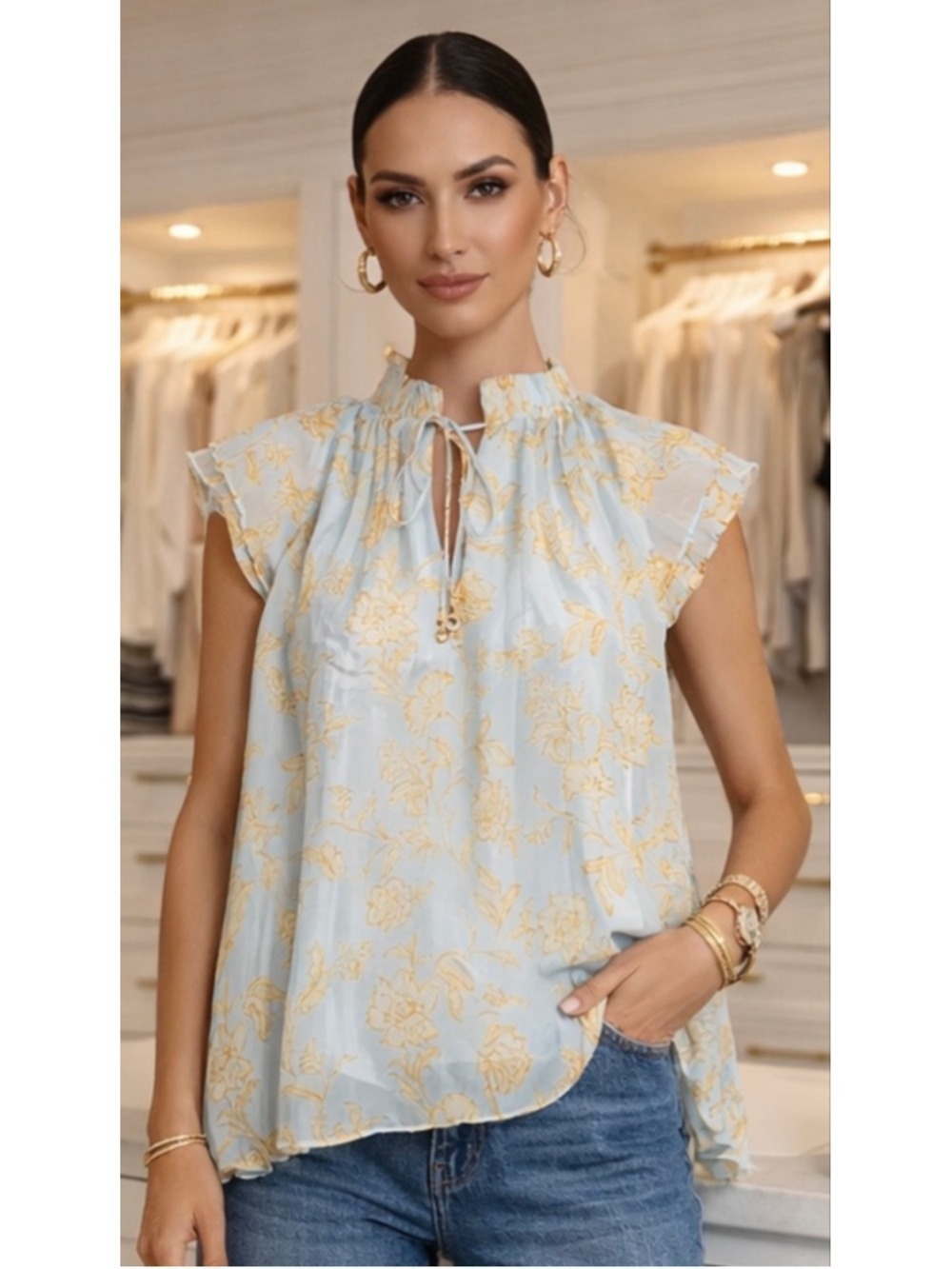 New Christy Lynn Floral Sheer Blouse XS Light Blue Yellow Fits up to M